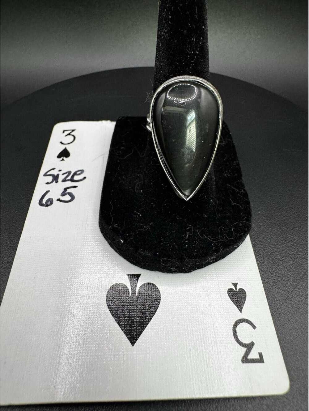 Black Teardrop Statement Ring Silver Tone Bezel Split Shank Size 6.5 Statement